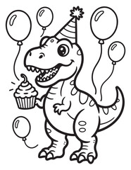 Birthday Dinosaur Wearing Hat with Cupcake and Balloons - Coloring Page