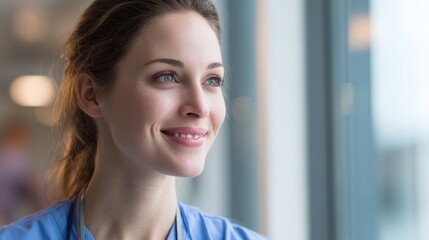 A compassionate nurse smiles warmly in a healthcare setting, embodying care and kindness.