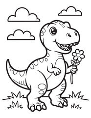 Cute Dinosaur Holding a Flower and Smiling in the Meadow - Dinosaur Coloring page