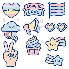 Pride month elements kawaii style. rainbow heart, love is love banner, flag, cloud with rainbow, megaphone, heart-shaped sunglasses, rainbow nails, cupcake and smiling stars with rainbow trail.