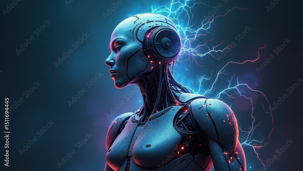 Poster ai technology consumes significant electricity in a futuristic setting showcasing advanced robotics 