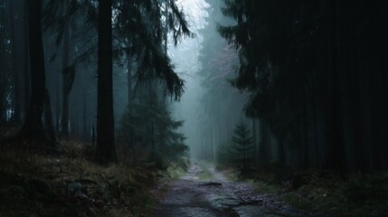 A dark forest path shrouded in mist, where mystery lingers in the soft light.