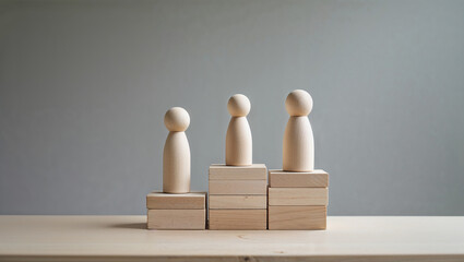 Wooden figures standing on podium symbolizing business success and competition