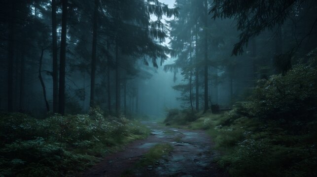 A dark forest path shrouded in mist, where mystery lingers in the soft light. - Powered by Adobe