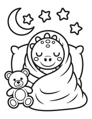 Sleepy Dinosaur Tucked in Bed Under the Stars - Coloring Page