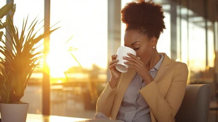 Smiling businesswoman holds a mug enjoying sunlight indoors