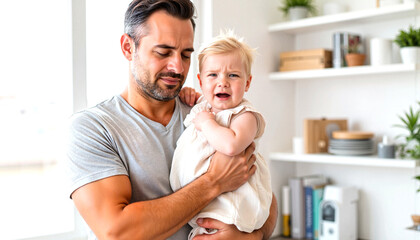 Obraz premium Concerned father comforting crying baby in cozy home, family love