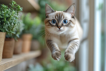 Obraz premium A cat jumping up a shelf.