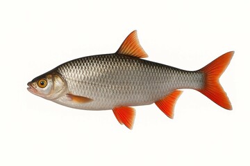 Vibrant Redfin Roach: A detailed, photorealistic rendering of a Redfin Roach, showcasing its distinctive silver scales and striking red fins, isolated against a clean background.