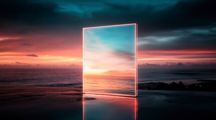 Reflecting a surreal sunset over the ocean with vibrant colors mirroring in a luminous frame Generative AI