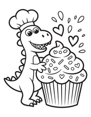 Chef Dinosaur Holding a Giant Cupcake - Coloring page