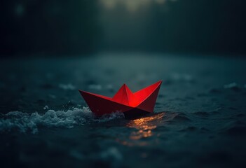 a solitary red paper boat floating on dark, calm water, with subtle reflections or glowing light. representing challenges, new beginnings, exploration, or a sense of being lost yet determined.