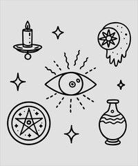 witchcraft, magic, occult, esoteric, mystical, spiritual, symbol, icon, illustration, drawing, vector, candle, eye, pentagram, star, potion, bottle, moon, celestial, astrology, divination, ritual, spe