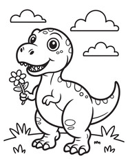 Cute Dinosaur Holding a Flower and Smiling in the Meadow - Dinosaur Coloring page