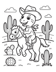 Cowboy Dinosaur Riding a Horse in the Desert - Coloring Page