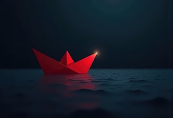 a solitary red paper boat floating on dark, calm water, with subtle reflections or glowing light. representing challenges, new beginnings, exploration, or a sense of being lost yet determined.