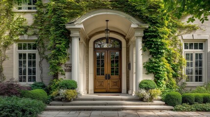 Grand mansion entrance with ornate doorway, framed by lush greenery; timeless elegance of luxury estate architecture.