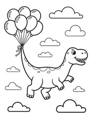 Flying Dinosaur Holding Balloons in the Sky - Coloring Page
