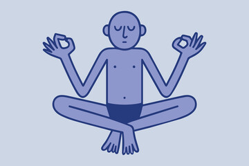 Minimalist Meditation Pose Illustration – Calm Bald Figure in Lotus Position with Hands in Mudra Gesture on Light Blue Background, Ideal for Wellness Blogs, Yoga Posters, or Mindfulness Content