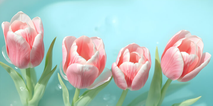 Vibrant pink tulips with white edges blooming in clear blue water, glistening droplets and soft highlights create a fresh pastel spring atmosphere. - Powered by Adobe