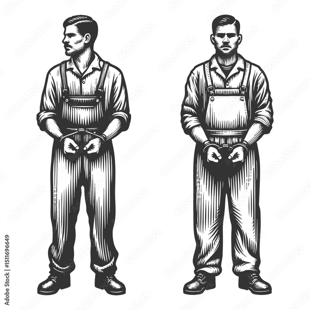 Poster man in overalls standing handcuffed, shown from front and side angles sketch engraving generative ai