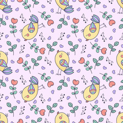 Seamless pattern with cute singing birds, heart flowers, and musical notes on a soft pink background. Hand-drawn doodle style, perfect for kids’ fabric and spring design.