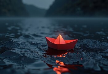 a solitary red paper boat floating on dark, calm water, with subtle reflections or glowing light. representing challenges, new beginnings, exploration, or a sense of being lost yet determined.