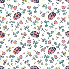 Cute ladybug and floral seamless pattern. Hand-drawn style, pastel pink and blue tones. Perfect for kids' textiles, wrapping paper, and spring decor. On a white background