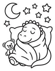 Sleepy Dinosaur Tucked in Bed Under the Stars - Coloring Page
