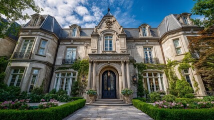 Fototapeta premium Grand mansion entrance with ornate doorway, framed by lush greenery; timeless elegance of luxury estate architecture.