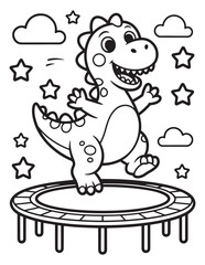 Happy Dinosaur Jumping on a Trampoline with Stars - Coloring page