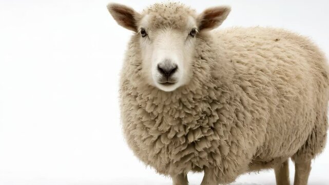 Fluffy white sheep portrait against a clean white background, facing forward, wooly texture details, neutral color palette, studio shot, domestic animal