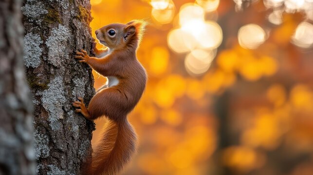 Red squirrel climbs tree trunk, autumnal backdrop