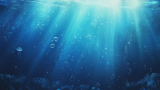 An endless loop of glowing jellyfish floating slowly in a deep, dark ocean, with soft light rays and bubbles rising - dreamy underwater background in 4K