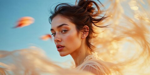 advertising photo image of a girl in an airy dress for spheres - perfumes and eau de toilette, cosmetics, fashion, beauty. for an elite brand website