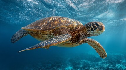 Endangered Hawaiian Green Sea Turtle gliding through ocean waters, a serene glimpse of marine conservation in action