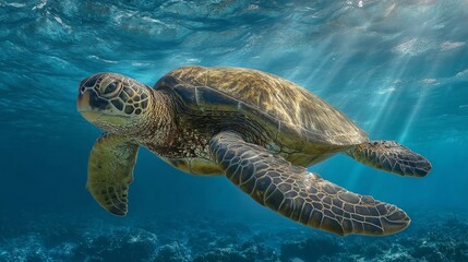 Obraz premium Endangered Hawaiian Green Sea Turtle gliding through ocean waters, a serene glimpse of marine conservation in action