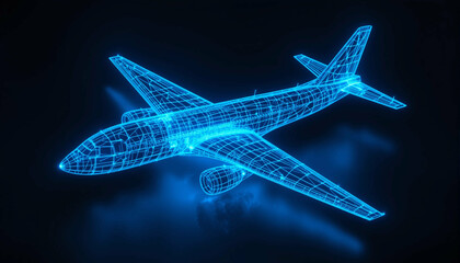 Futuristic Airplane Design Wireframe Glowing Blue Airplane Technology Transportation Travel Airliner