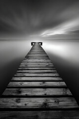 A long exposure monochrome photograph of a wooden pier that captures the essence of tranquility and minimalist beauty.