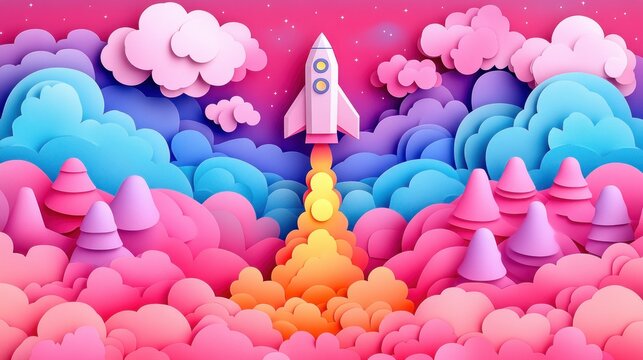 Rocket launches through vibrant clouds