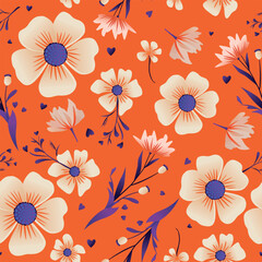 Seamless floral vector pattern with bright orange background, cream flowers, purple leaves and hearts. Ideal for textile, wallpaper, fabric and surface design. Modern, stylish and colorful.