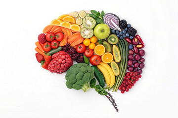 Brain Shape Made of Fresh Fruits and Vegetables – Concept of Mindful Nutrition and Mental Health