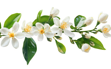 Fototapeta premium Orange tree branch with white flowers buds and leaves on transparent background, png