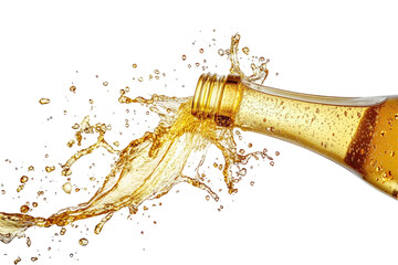 A bottle of golden liquid pours, creating a dynamic splash and spray against a black background; the liquid is translucent, showcasing its effervescence and movement