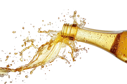 A bottle of golden liquid pours, creating a dynamic splash and spray against a black background; the liquid is translucent, showcasing its effervescence and movement