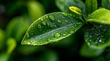 Fresh green leaf with glistening water droplets, a symbol of nature's delicate beauty