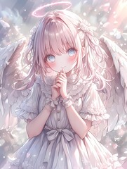 Anime style angel with pink hair and white wings.