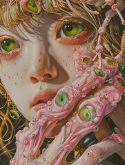 Young girl with green eyes, blonde hair, freckles, unique hands, dark background, anime art