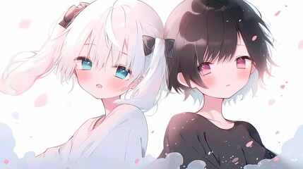 Two anime style characters with distinct hair colors, styles, wearing black bows, looking directly at viewer with blush.