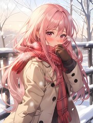 Pink-haired girl in snowy park, beige coat, red scarf, brown gloves, gazing at viewer